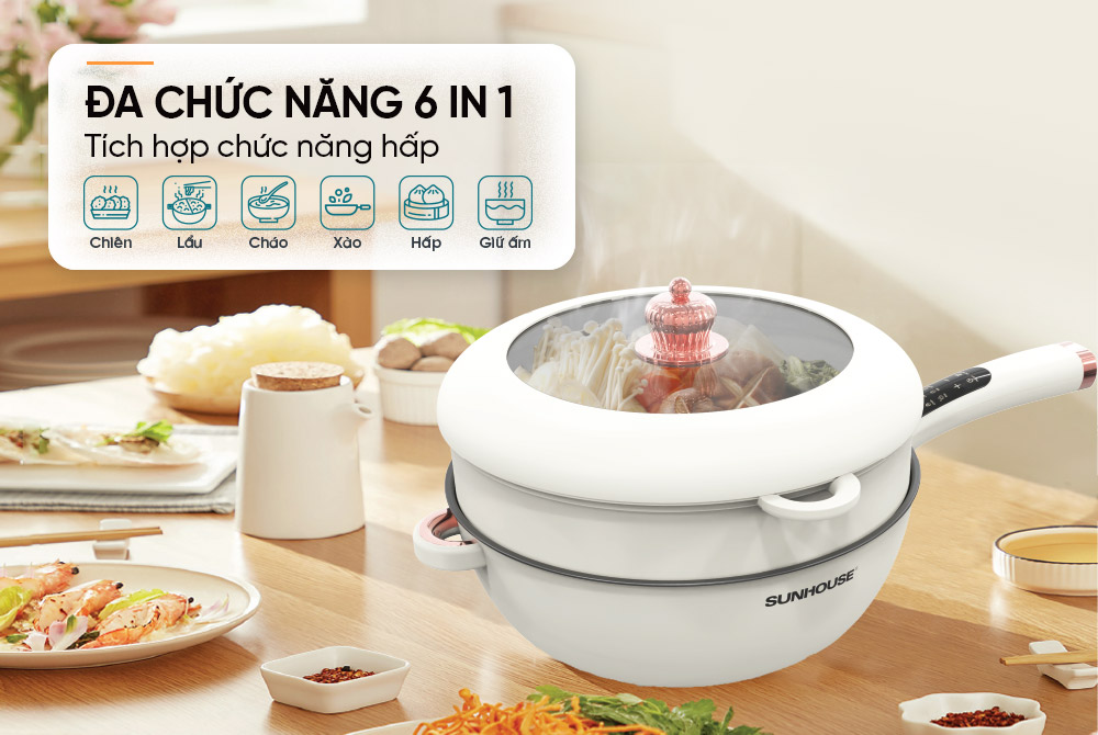 Chảo điện hấp 5L SUNHOUSE SHD4555 - Hàng chính hãng, bảo hành toàn quốc 12 tháng