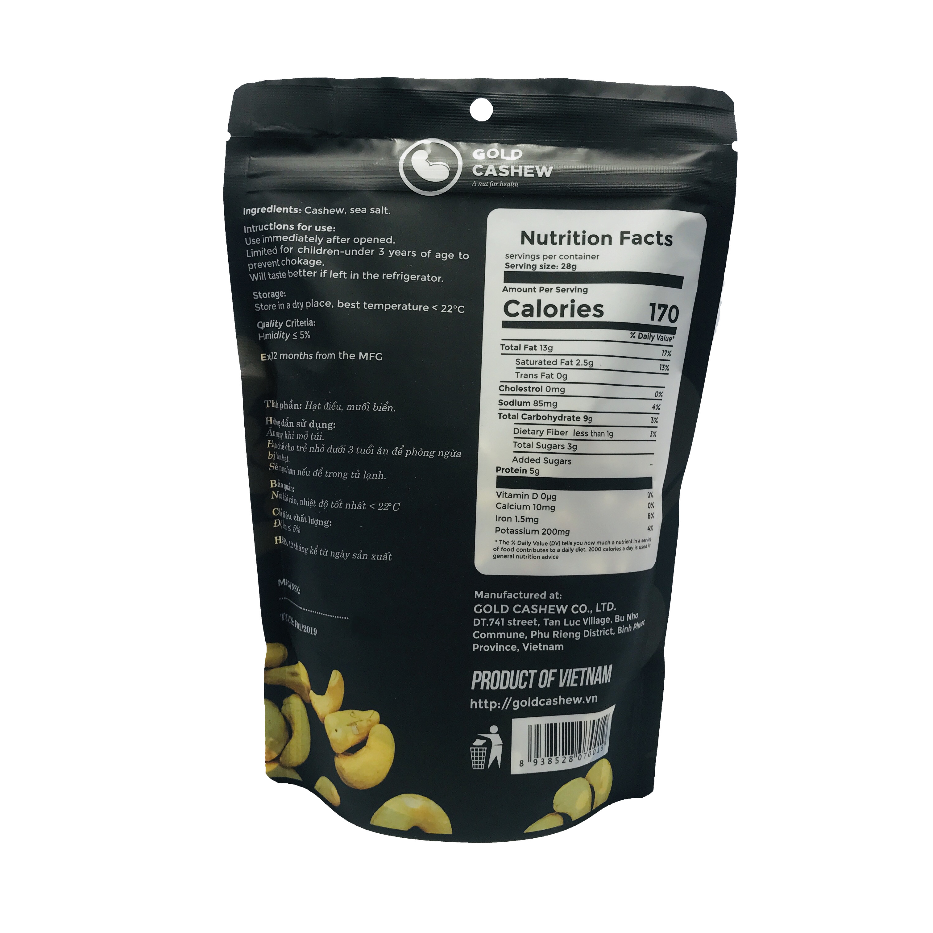 Hạt Điều Rang Muối Cao Cấp Gold Cashew - Premium Roasted & Salted Cashew, Chuẩn hạt điều size WW240, Công nghệ rang không dầu và muối tinh thể, Không chất bảo quản, Không Cholesterol