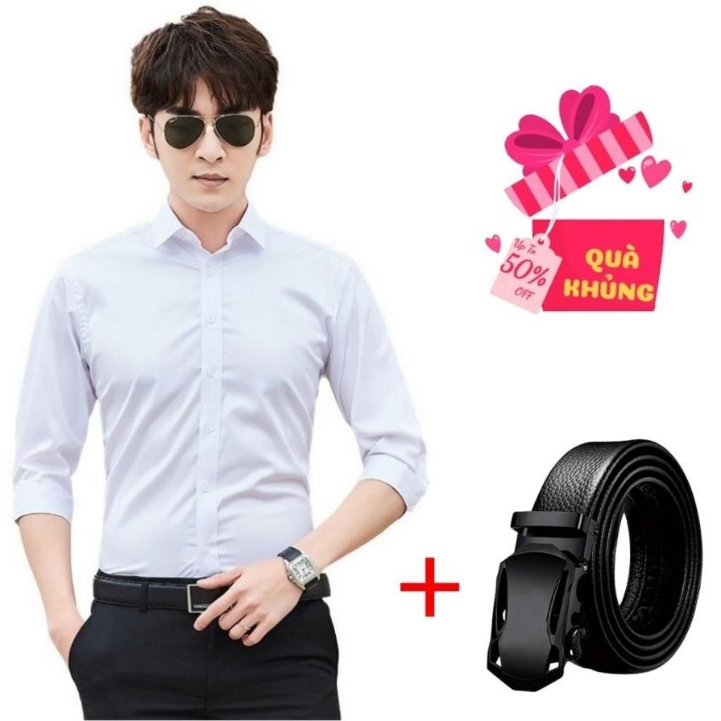 Combo Áo Sơ Mi Trơn Tặng Thắt Lưng Đen Cao Cấp Mẫu RF01 Chất Kate Mềm Mịn, Thoáng Mát