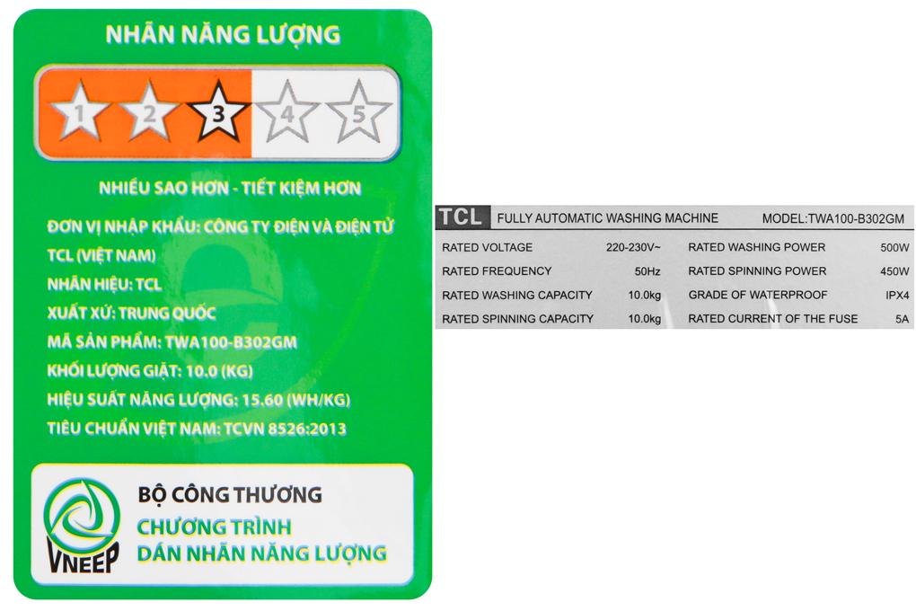 Máy giặt TCL 10 Kg TWA100-B302GM - Hàng chính hãng - Giao hàng toàn quốc