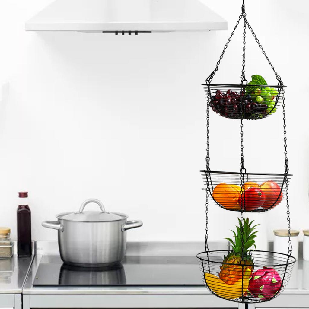 3-Tier Iron Hanging Fruit Basket Organizer for Kitchen Dining Room Table