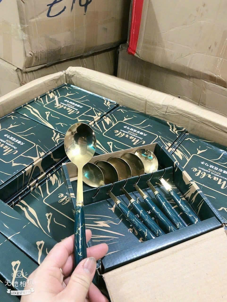 Set 6 Thìa Inox Cán Sứ Vân Đá Xanh