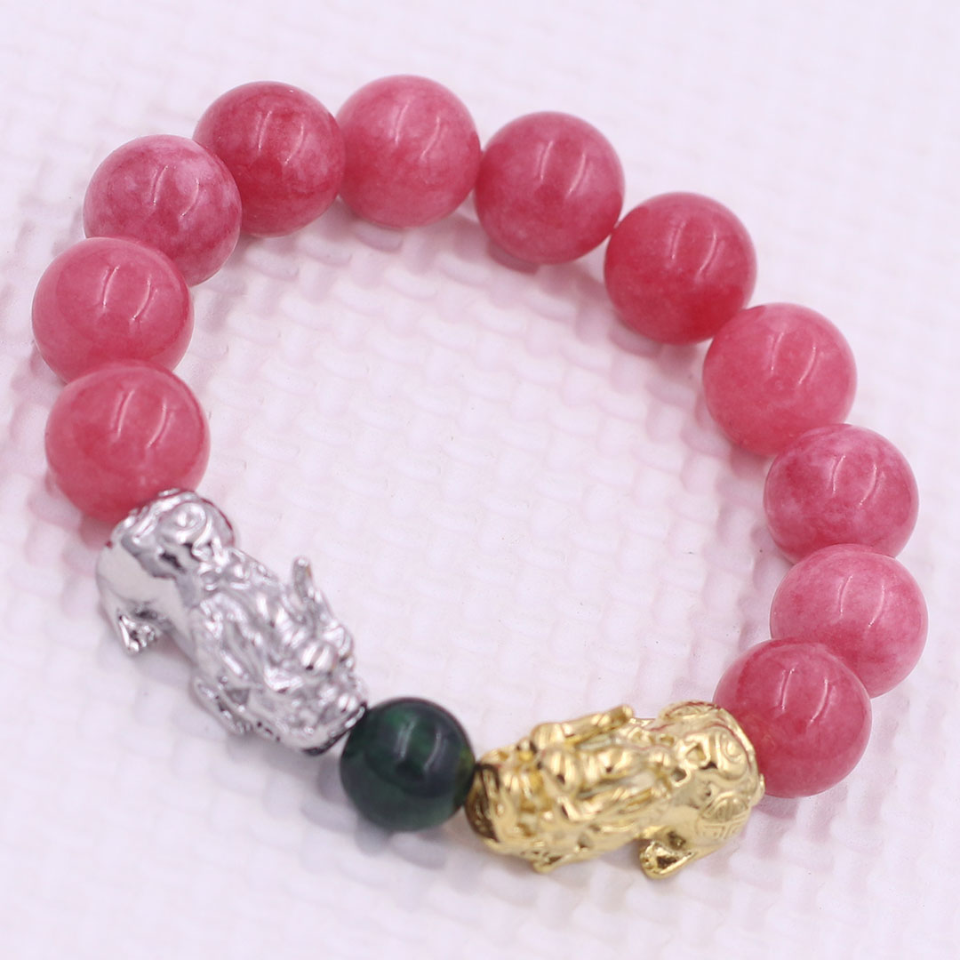 Vòng chuỗi đeo tay đá hồng ngọc 12 ly charm tỳ hưu đôi inox trắng và vàng, vòng chuỗi phong thủy, charm tỳ hưu, vòng tay hạt chuỗi