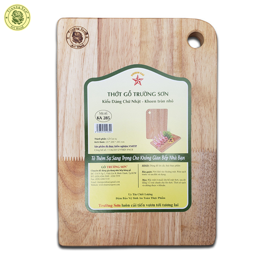 Thớt Gỗ Cao Su Hình Chữ Nhật Khoen Tròn Nhỏ KA285  - Đồ Gỗ Nhà Bếp Thương Hiệu Trường Sơn