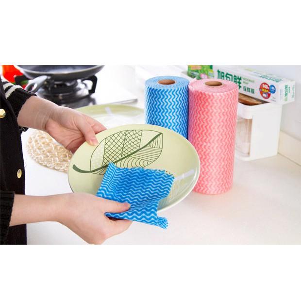 Cuộn 50 khăn lau đa năng bếp, bát đĩa, cốc chén thấm nước chống dính dầu mỡ hai mặt loại to 20x30cm