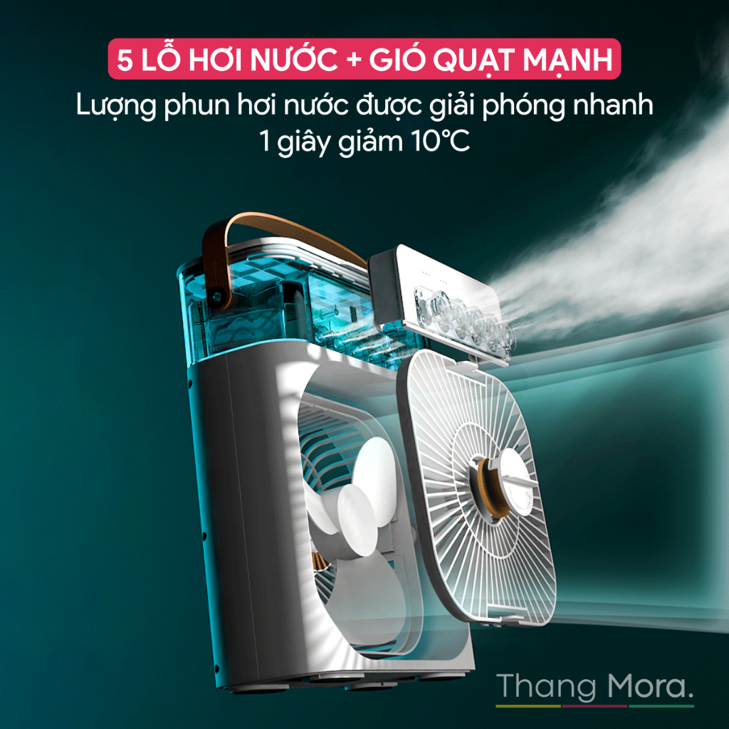 Quạt Điều Hòa Phun Sương Hơi Nước Mini Để Bàn Dung Tích Lớn 3 Chế Độ Đèn LED Đổi Màu, Chế Độ Hẹn Giờ Sử Dụng Cổng Sạc USB Tiện Dụng