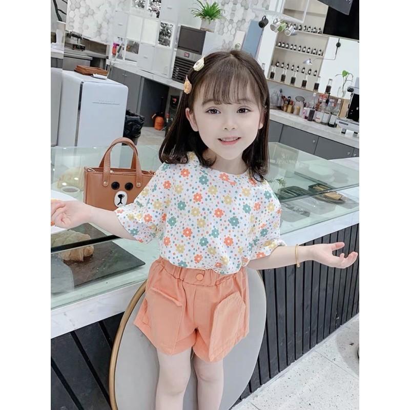 Bộ Hoa Nhí Màu Cam Quần Thô 2 Túi Hoạ Tiết Xinh Xắn Cho Bé - Nhà Cam