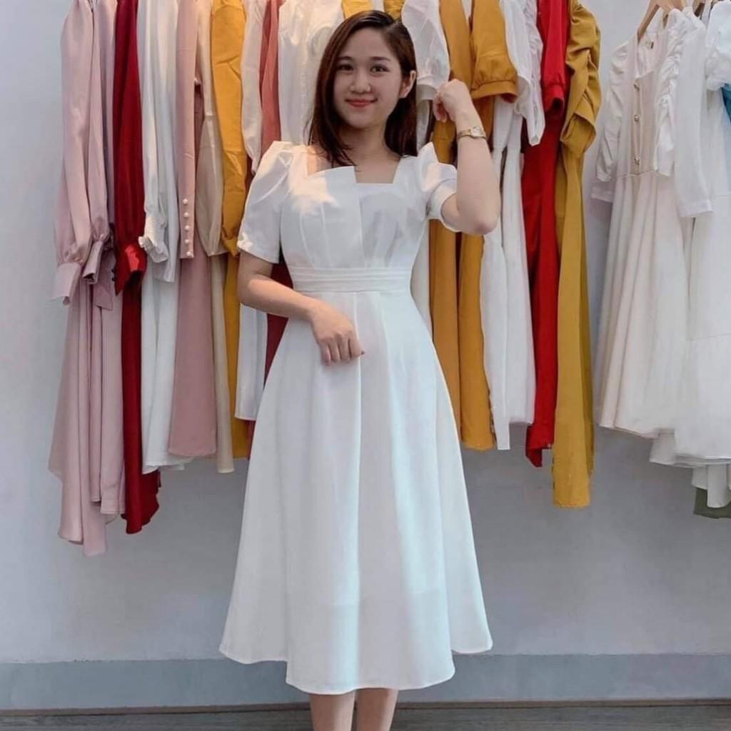 Váy Thiết Kế Dáng Suông Dài Đầm cổ vuông lệch sang chảnh dự tiệc HN Clothing V38