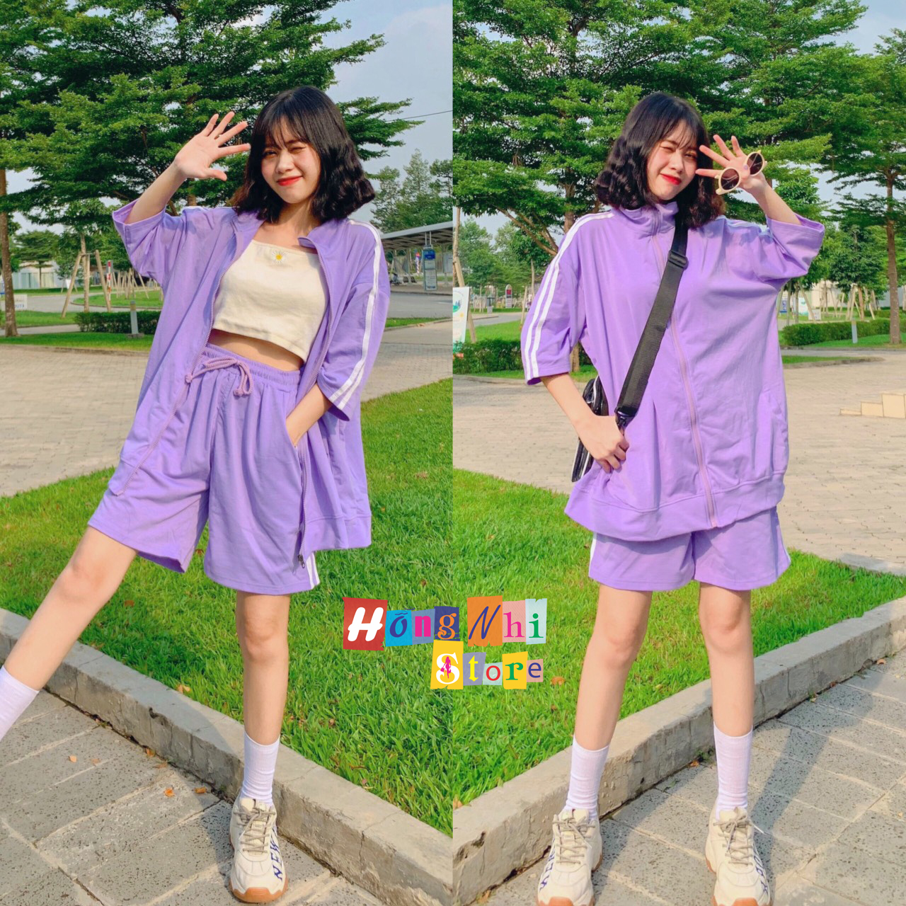 Set Bộ Thể Thao Unisex Áo Khoác Tay Ngắn Quần Lửng Màu Tím Cao Cấp- MM