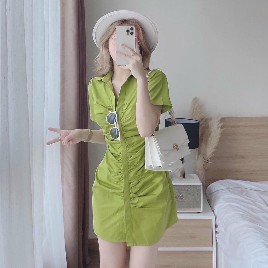 Đầm sơ mi nữ thời trang thiết kế nhún eo cài nút