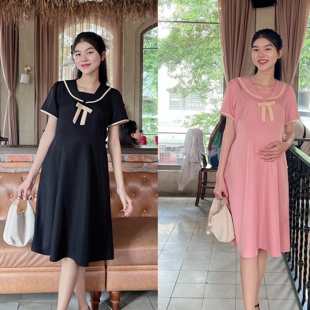 Đầm bầu cotton lạnh cổ sen đính nơ viền cách điệu dễ thương - Đen