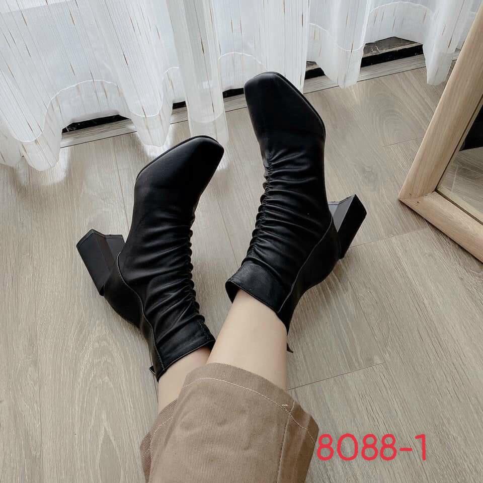 Bốt nữ nhún trước đế vuông lệch cao 7 phân ( mã 806-hộp xanh nhạt