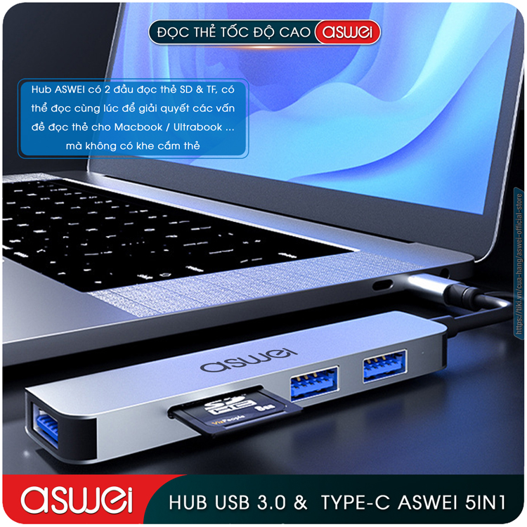 Hub Chuyển Đổi USB Type C ASWEI 5 in 1 To USB 3.0, SD, TF - Hàng Chính Hãng