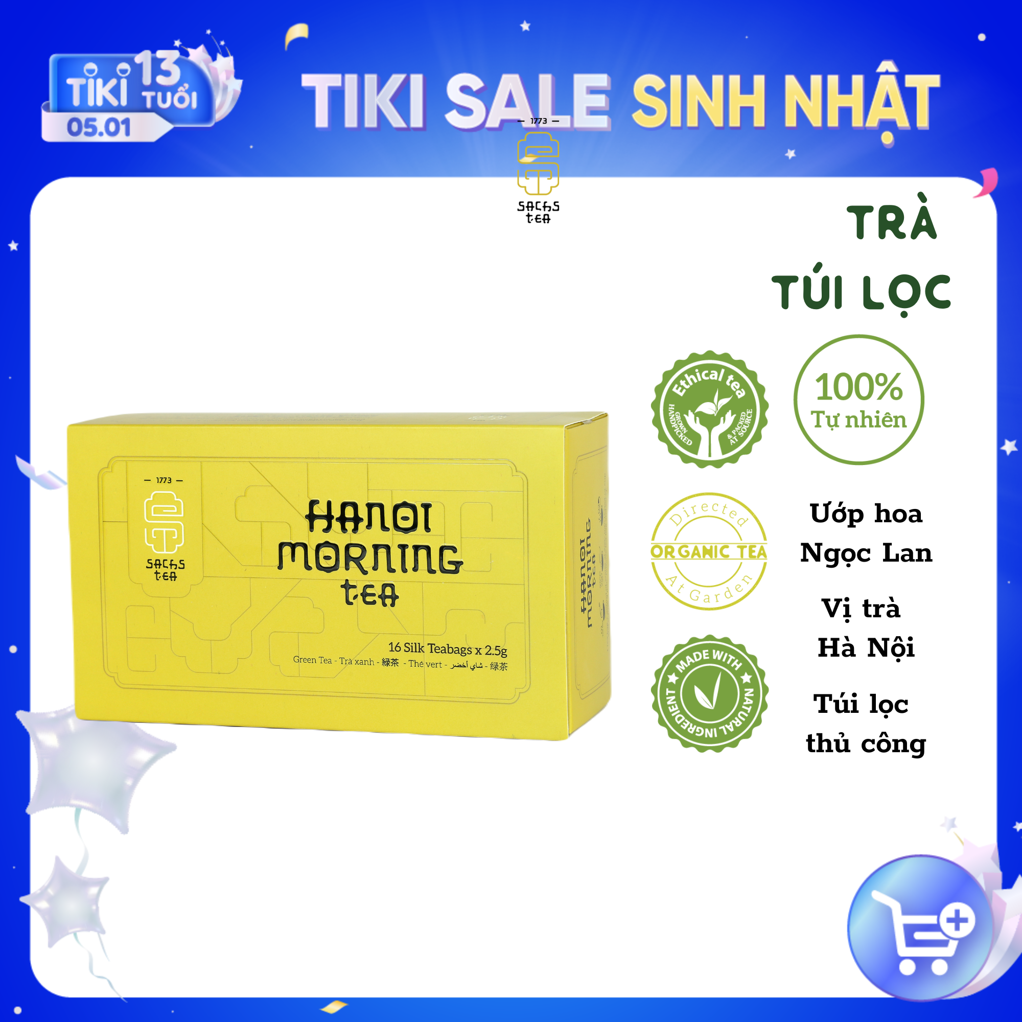 Trà túi lọc Hanoi Morning Tea SACHS TEA 1773 chè hữu cơ thái nguyên cao cấp thanh lịch dễ sử dụng 16 túi/hộp
