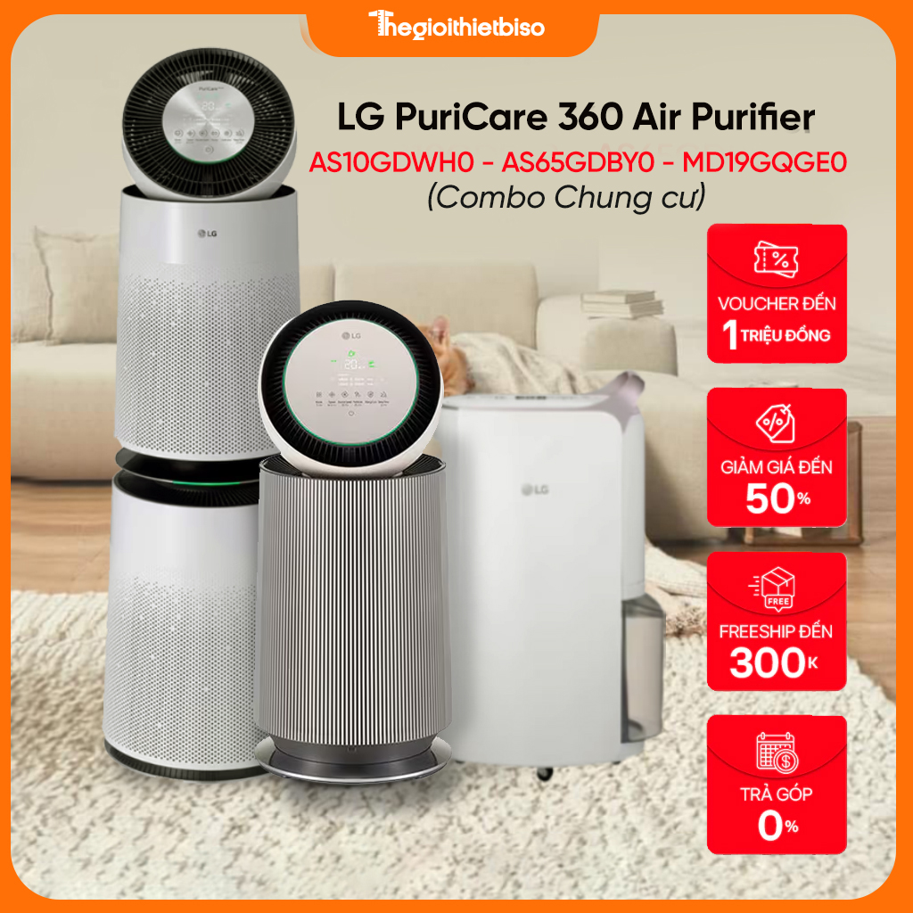 [COMBO CHUNG CƯ] Máy lọc không khí LG PuriCare360 - AS10 AS65 - Máy hút ẩm 19L LG - MD19GQGE0 - Hàng chính hãng LG