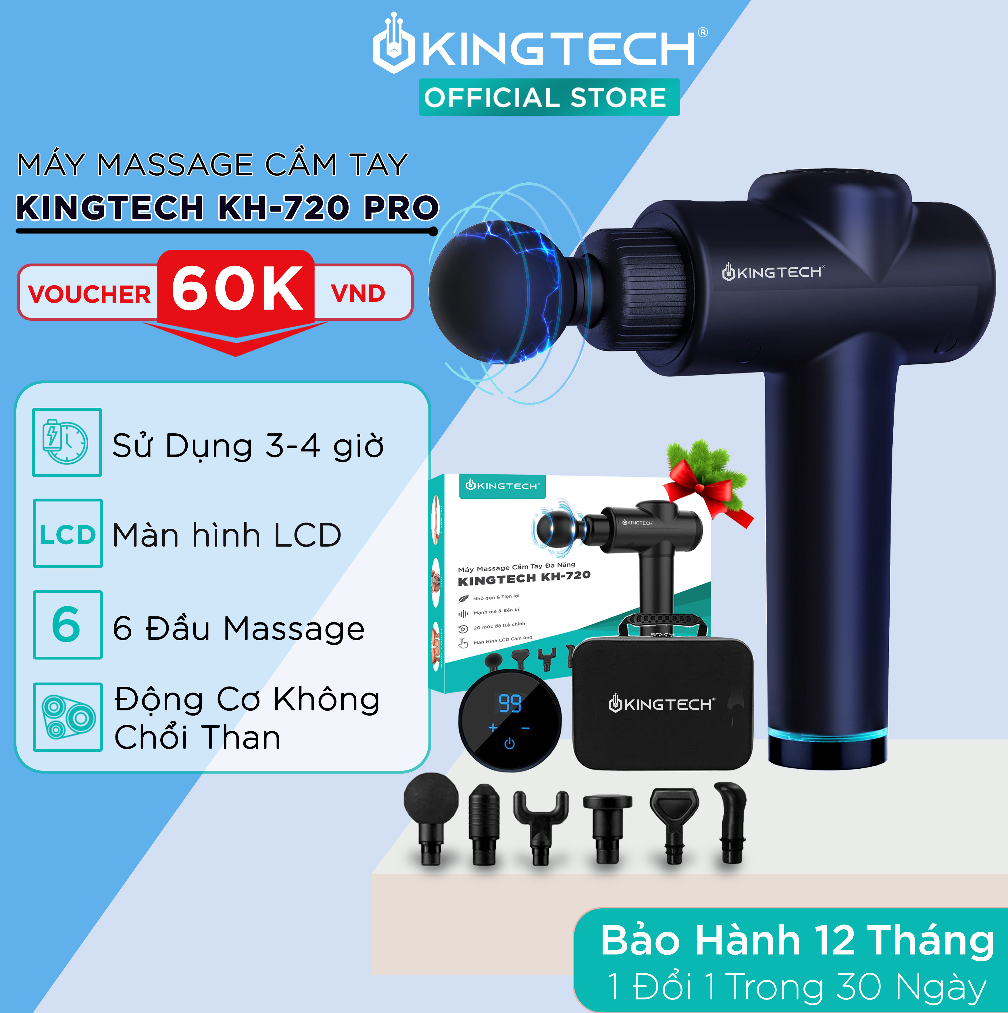 Máy Massage Cầm Tay Cao Cấp KINGTECH KH-720 Pro - 20 Cấp Độ, Hỗ Trợ Mát Xa Chuyên Sâu, Giảm Đau Cơ, Cứng Khớp - Bản Nâng Cấp