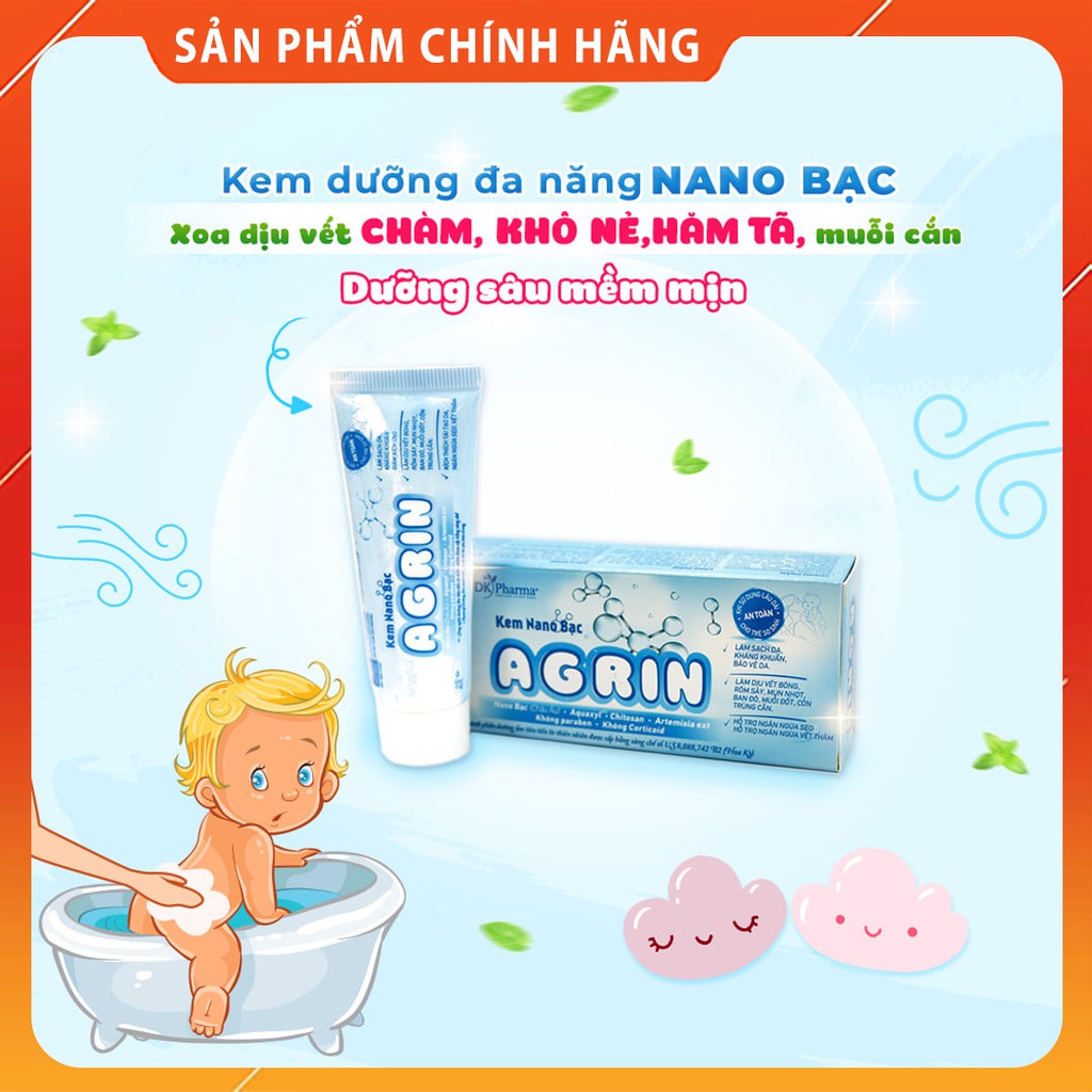 Kem em bé Nano Bạc Agrin - Dưỡng ẩm, làm dịu vết rôm sảy, hăm tã, chàm sữa, vết muỗi, côn trùng cắn - Tuýp 25g