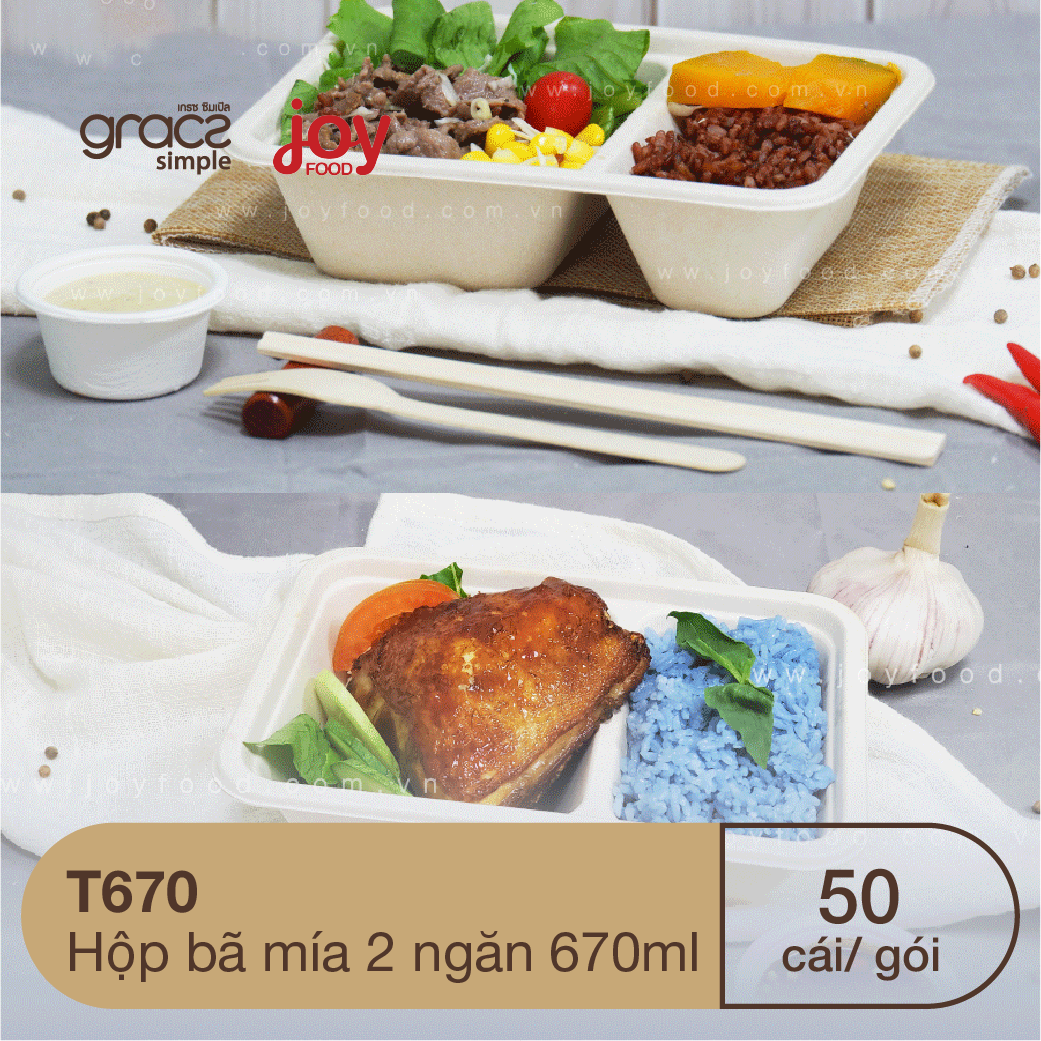 50 hộp bã mía chữ nhật 2 ngăn 670ml