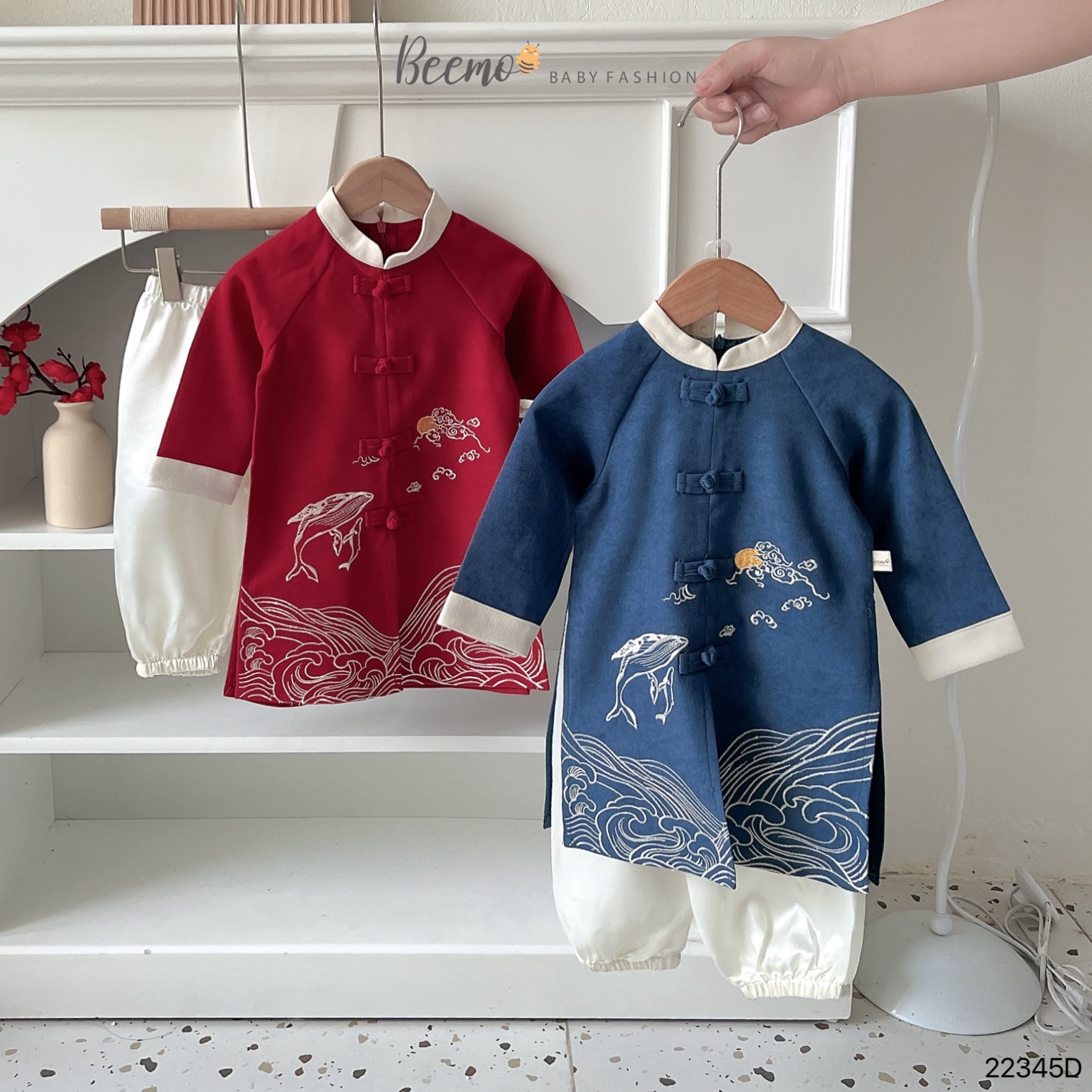 Áo dài cách tân bé trai, Quần áo tết cho bé 9m-6 tuổi thêu hình phối cúc tàu hàng thiết kế vải nhung chéo dáng thời tráo