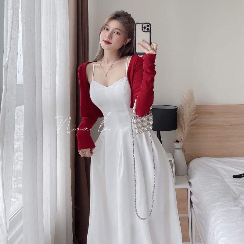 SET ĐẦM XẾP LY 2S VỚI ÁO KHOÁC ĐỎ CROPTOP