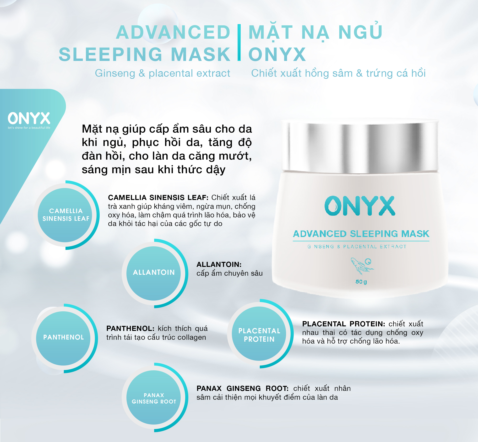 Mặt Nạ Ngủ ONYX Advanced Sleeping Mask Gingseng &amp; Placental Extract ONYX Cosmetics Bảo Thy 100g