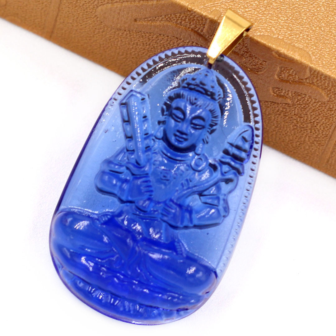 Mặt Phật Hư Không Tạng Bồ Tát pha lê xanh dương 5cm - phật bản mệnh tuổi Sửu, Dần - Móc inox