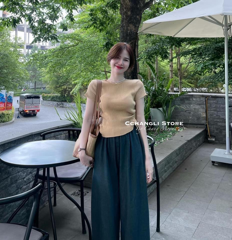 SET ĐI CHƠI, SET 2 MÓN ÁO THUN TAY NGẮN RÚT EO PHỐI QUẦN SUÔNG DÀI ỐNG RỘNG CỰC IU