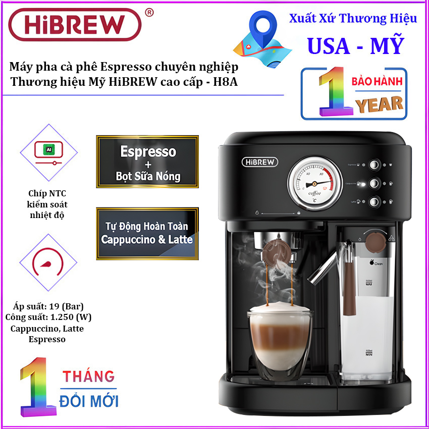 Máy pha cà phê Espresso chuyên nghiệp, thương hiệu Mỹ HiBREW cao cấp - H8A - HÀNG CHÍNH HÃNG