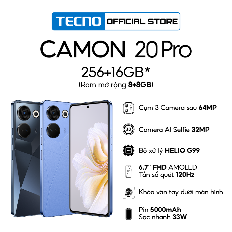 Điện thoại Tecno CAMON 20 Pro 8GB/256GB - Camera 64MP + 32MP | Helio G99 | 5000 mAh/ 33W | 6.7'' FHD AMOLED - Hàng Chính Hãng - BH 13 Tháng