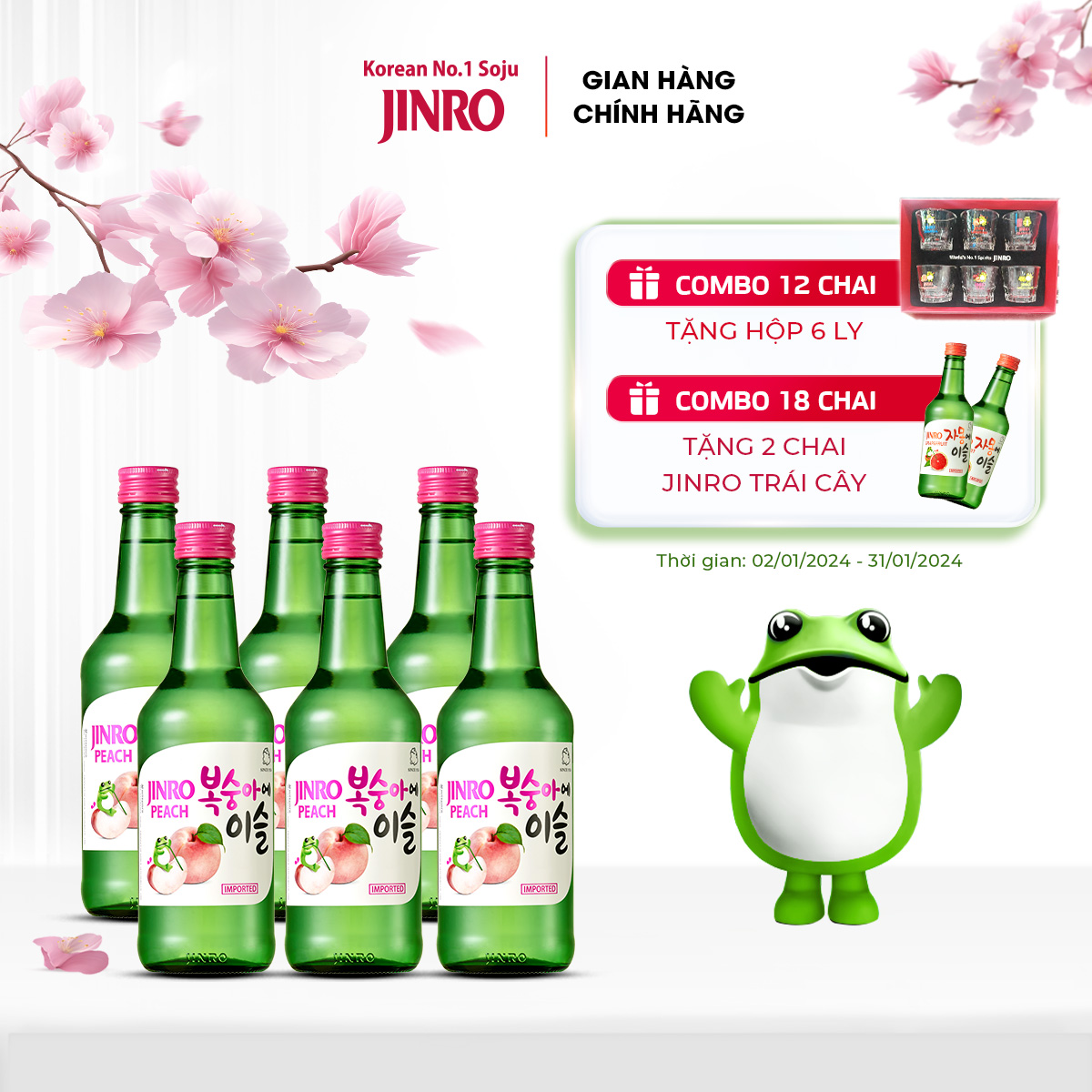Soju Hàn Quốc JINRO VỊ ĐÀO 360ml - Combo 6 chai