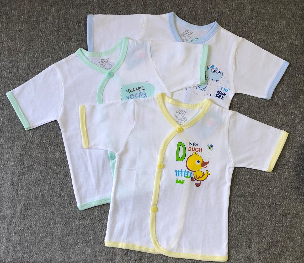 (J04TN) ÁO CÀI XÉO TAY NGẮN TRẮNG VIỀN CHO BÉ 3-11kg - JOU - Viền Xanh Ngọc
