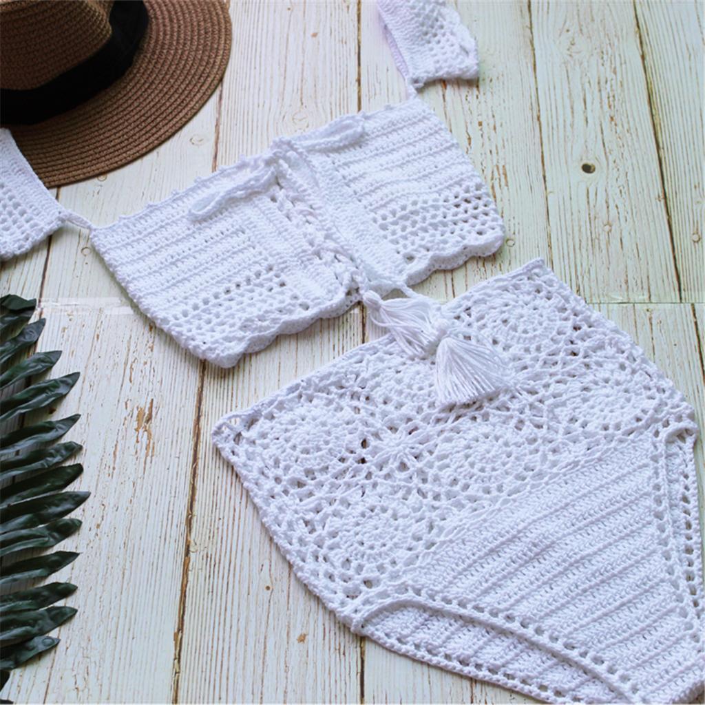 Women Lady Bohemian Two Piece Crochet High Waisted Swimwear Bikini Set White Lace Knit Swimsuit Bathing Suit