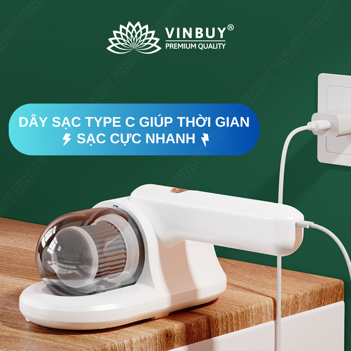 Máy hút bụi giường nệm không dây VinBuy cầm tay hiện đại diệt khuẩn đa tầng, đèn UV, lực hút mạnh 18000PA - Hàng chính hãng