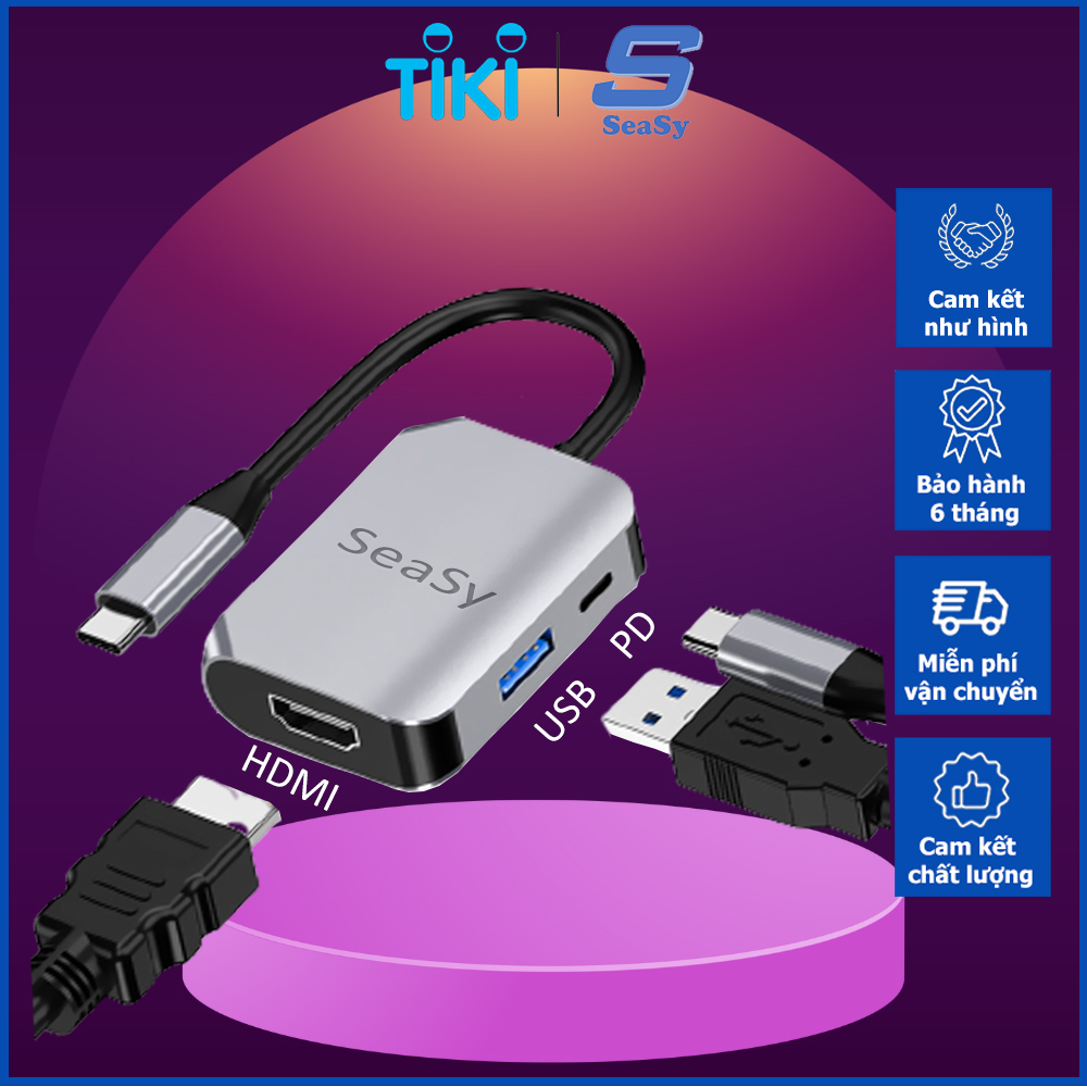 Hub Chuyển Đổi USB TypeC to VGA/HDMI/USB/PD SeaSy HW-6004 ,Cổng HDMI Hỗ Trợ 4K UHD, Cổng VGA Độ Phân Giải Full HD, Cổng USB 3.0 Tốc Độ Cao, Tương Thích Với Macbook pro/Macbook Air/Laptop/Ipad/Smartphone Samsung Dex, Huawei, Oppo– Hàng Chính Hãng