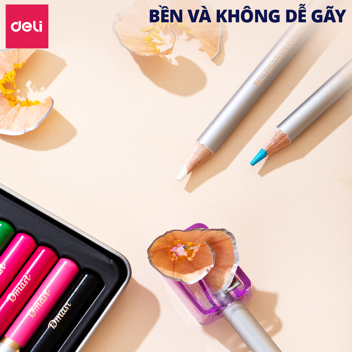 [Tặng Cọ] Bút Chì Màu Gốc Nước Dmast Cao Cấp Deli - Chì Màu Hộp Thiếc 24/36/48/72 Màu - Tô Vẽ Tranh Chuyên Nghiệp