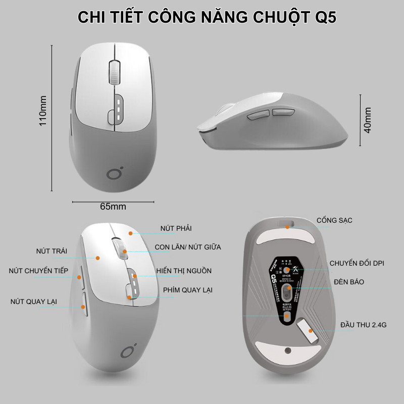 Chuột Không Dây Bluetooth SEASY Eweadn Q5, Chống Ồn, Độ Nhạy Cao, Kết Nối Bluetooth 5.0 và Wireless 2.4 GHz - Hàng Chính Hãng