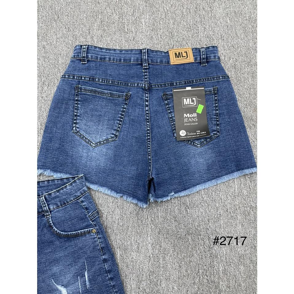 Quần short jean nữ BigSize lưng cao trên rốn, co dãn mạnh, tua lai, màu xanh đậm rách kiểu dành cho người mập 2717