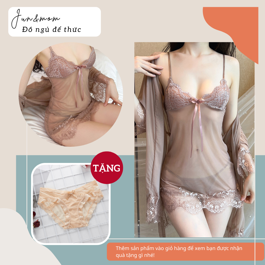 Set 3 món đồ ngủ sexy gợi cảm Jun&amp;mom DN56 váy ngủ kèm áo choàng chất voan mềm, váy ngủ sexy