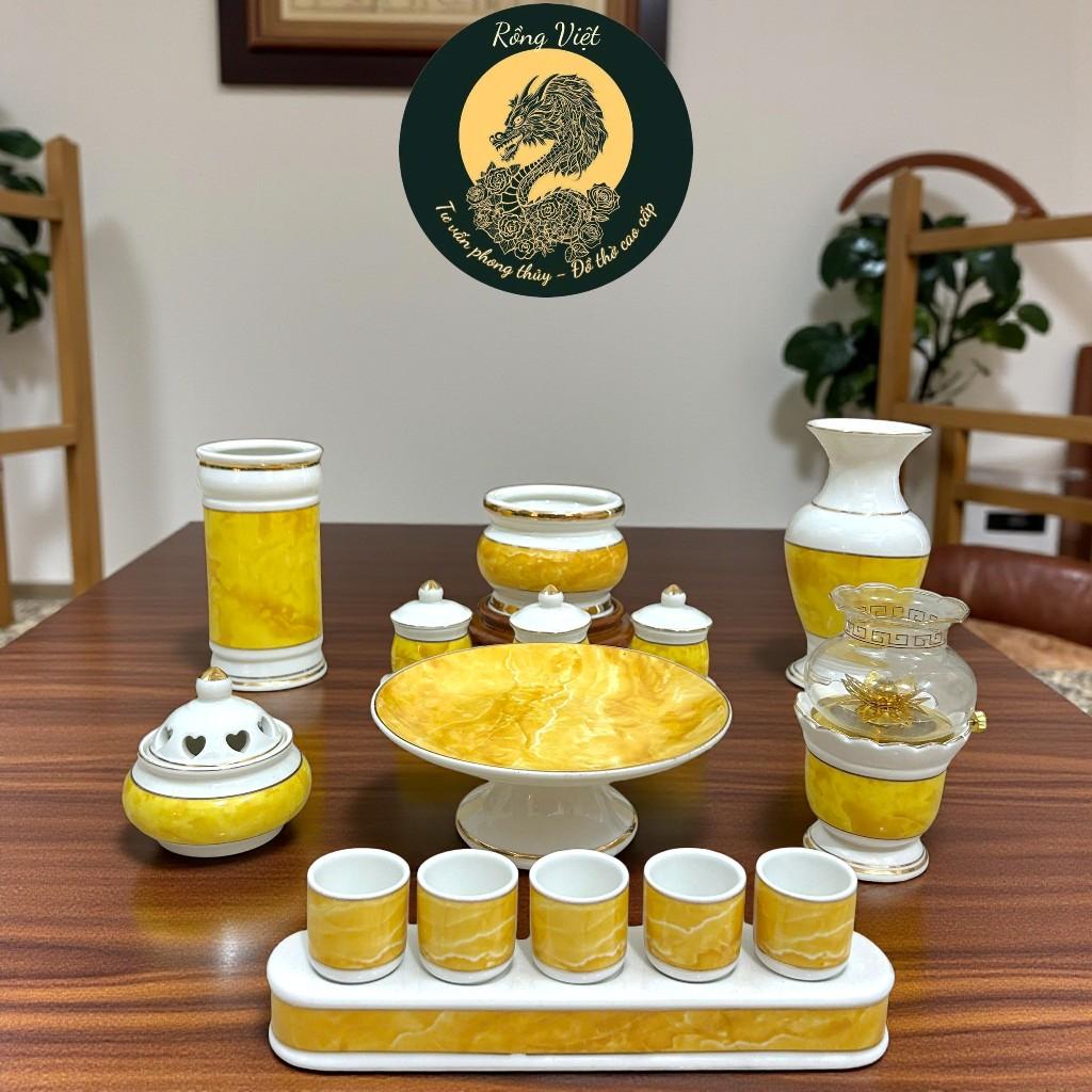 Bộ đồ sứ thờ thần tài RỒNG VIỆT, gốm sứ men trắng vàng cao cấp