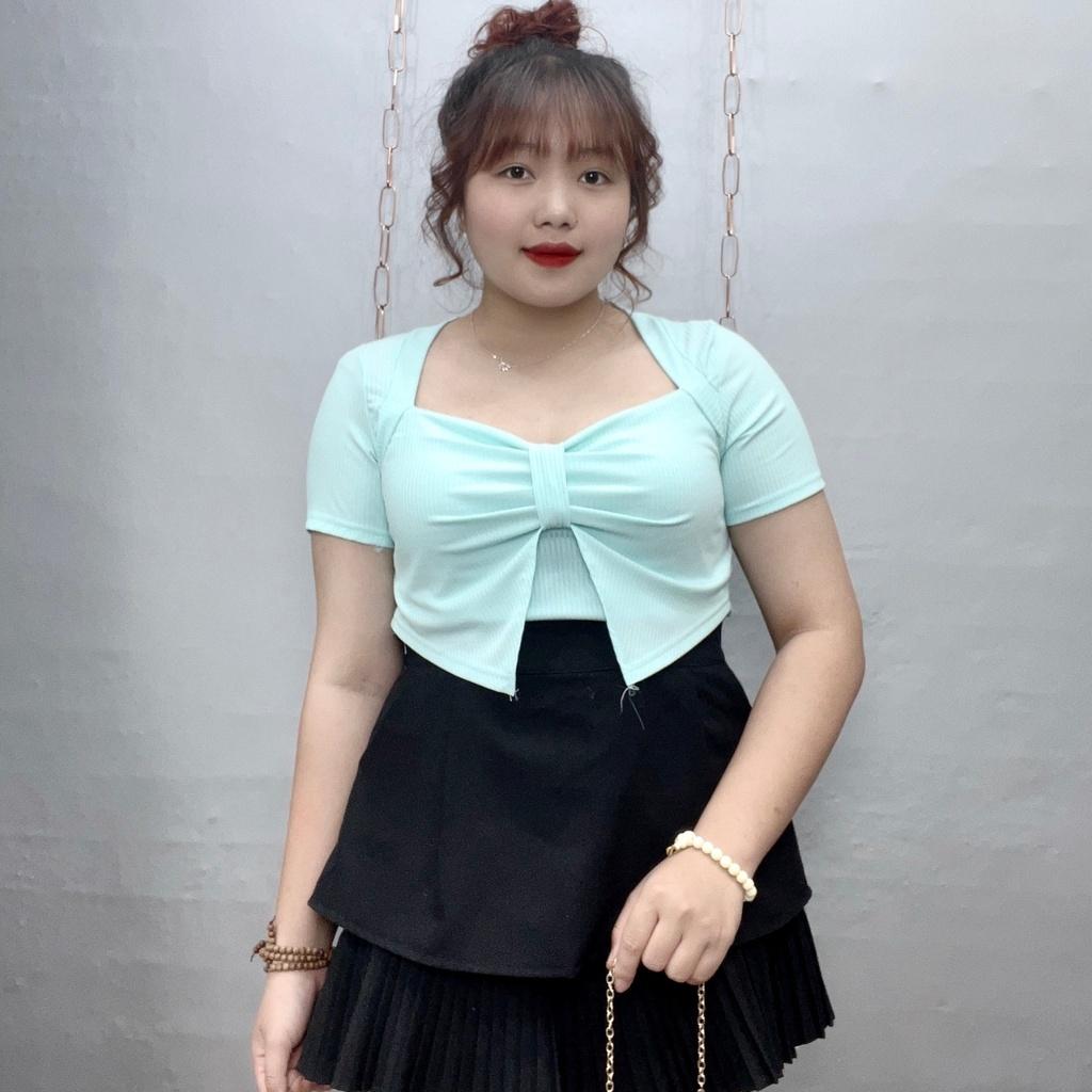 Áo thun kiểu bigsize nữ tay ngắn dáng dài qua rốn cột nơ 58-95kg, Áo phông form rộng nữ oversize Chuppy  G37 - Rêu