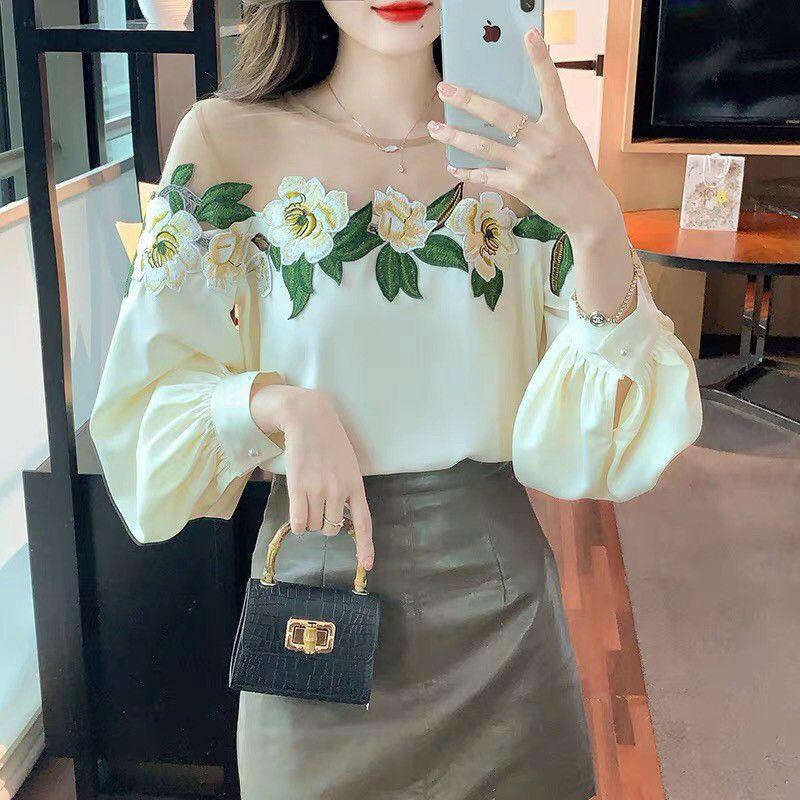 ÁO LỤA VAI LƯỚI THÊU HOA