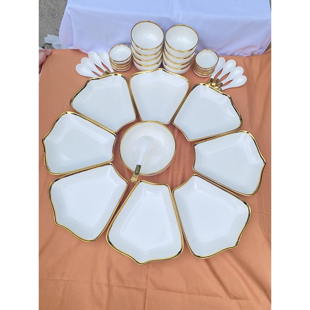 Set bát đĩa Hướng Dương lá me 8 cánh màu trắng bằng gốm sứ cao cấp