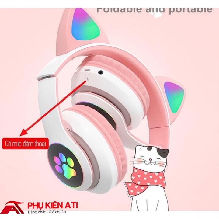 Tai nghe Mèo màu hồng kết nối Bluetooth  chụp tai,Headphone Tai Mèo Dễ Thương Có Mic,Âm Bass Mạnh Mẽ VZV-23M - ATI