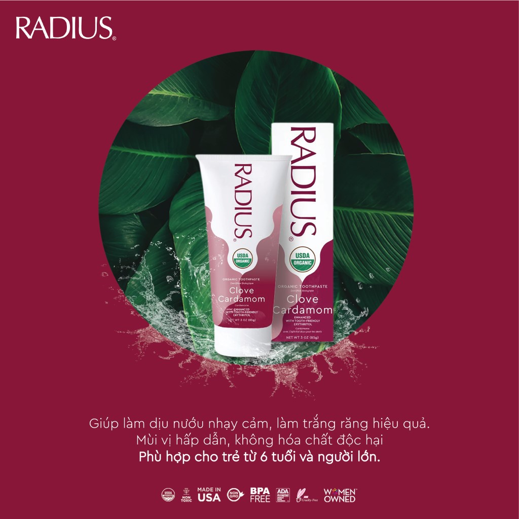 Kem Đánh Răng Hữu Cơ RADIUS Vị Bạch Đậu Khấu &amp; Đinh Hương 85g USDA Organic Clove Cardamom Toothpaste