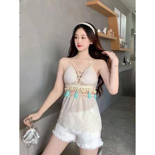 Áo bra len móc phối vải boy bikini đi biển cực xinh