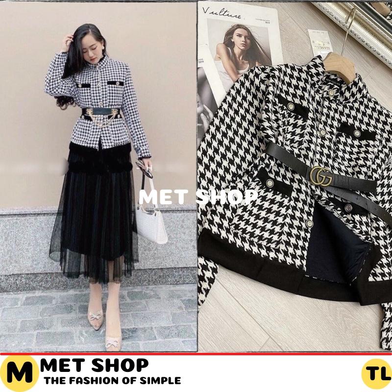 Áo dạ Tweed kẻ caro dáng ngắn tiểu thư áo cardigan dạ dày dặn( không kèm đai). MET SHOP
