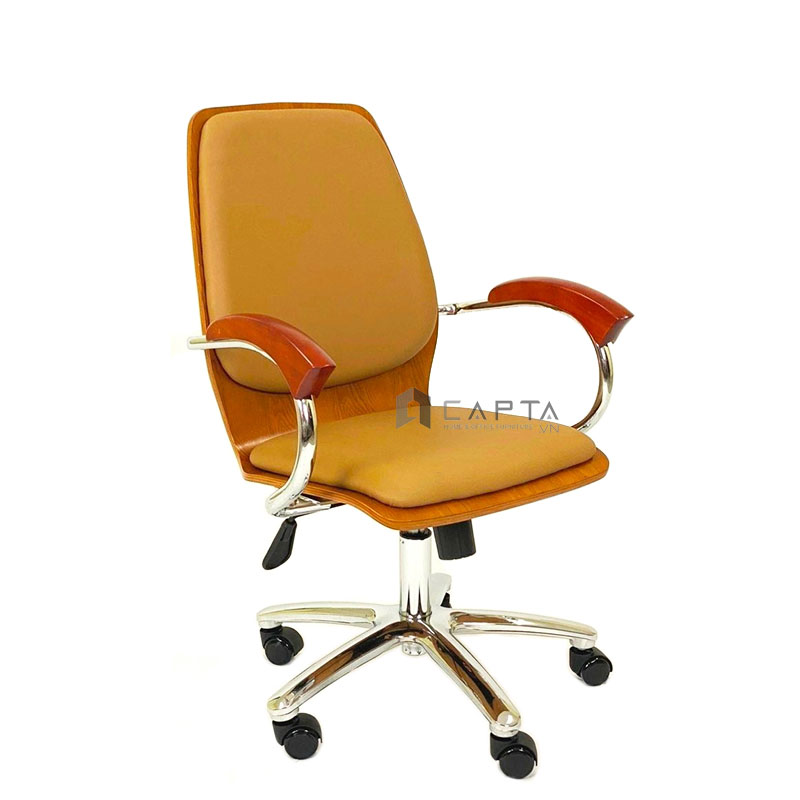 Ghế làm việc lưng ốp gỗ màu nâu CE4539-WP Nội thất Capta Ghế nữ làm việc Ghế học bài học sinh trung học nệm PT giả da chân xoay