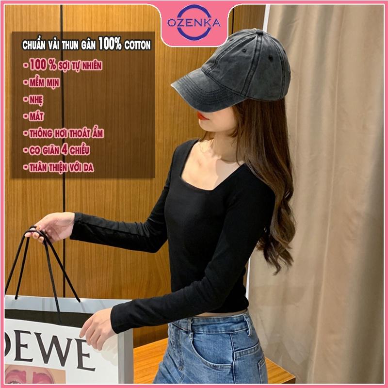 Áo croptop tay dài cổ vuông ôm nữ , crt thun gân 100% cotton màu trơn đen trắng free size dưới 52 kg