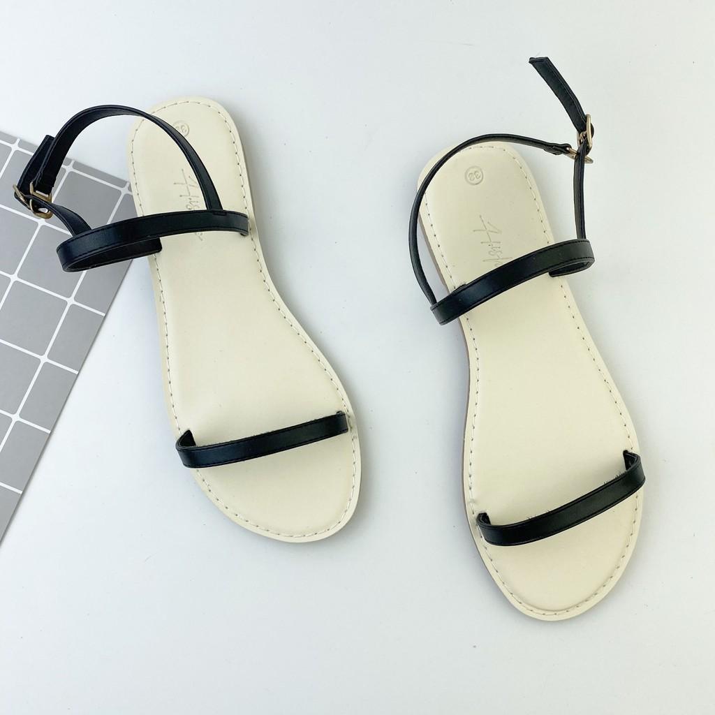 Giày sandal đế bệt HISHOO mũi tròn phối dây mảnh 1 cm có bigsize S005