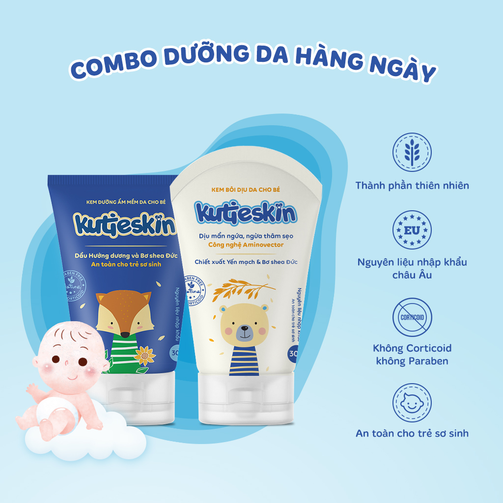 Combo kem dưỡng ẩm và kem bôi dịu da mẩn ngứa côn trùng đốt  Kutieskin 30gr